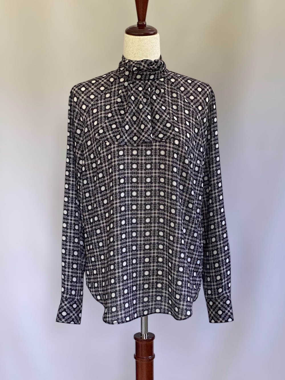 L.A.M.B. Geometric Drape Flap Collar Button Long Sleeve Blouse